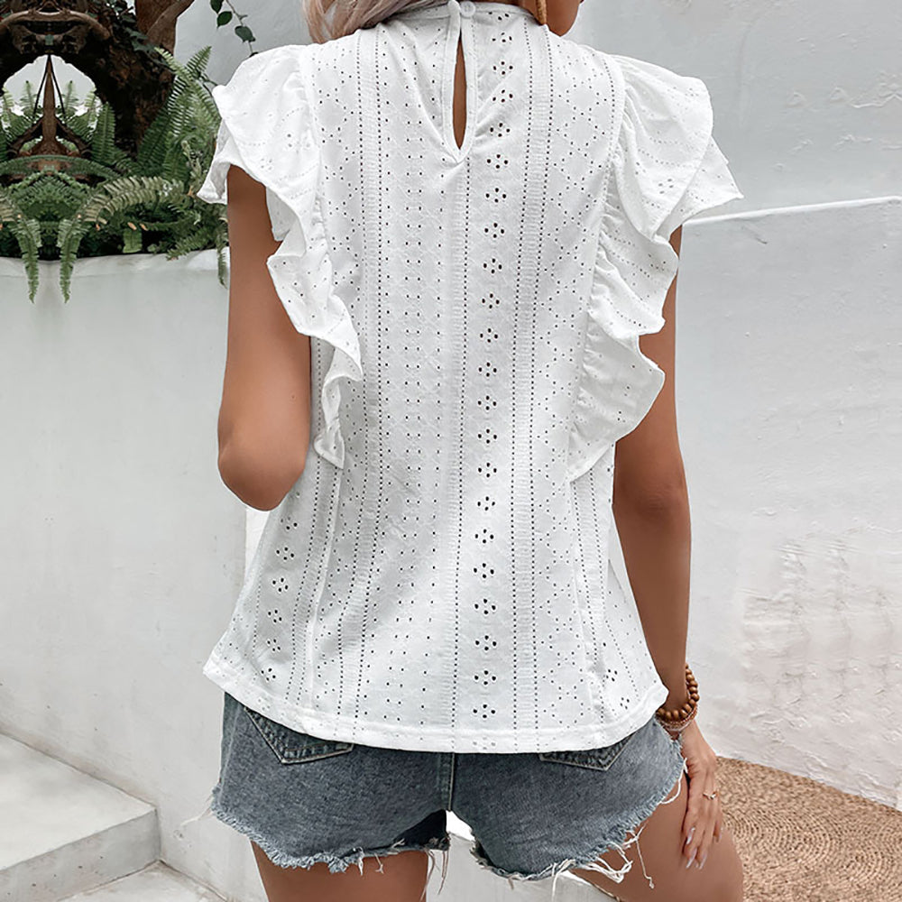 Women Flutter Sleeve Round Neck Schiffli Top