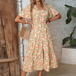 Yellow Floral Print Flared Sleeve Fit & Flare Dress