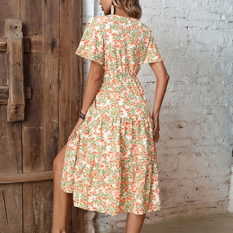 Yellow Floral Print Flared Sleeve Fit & Flare Dress