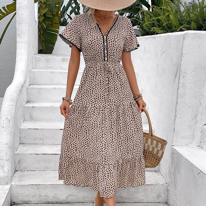 Beige & Black Animal Printed Tiered Fit & Flare Midi Dress