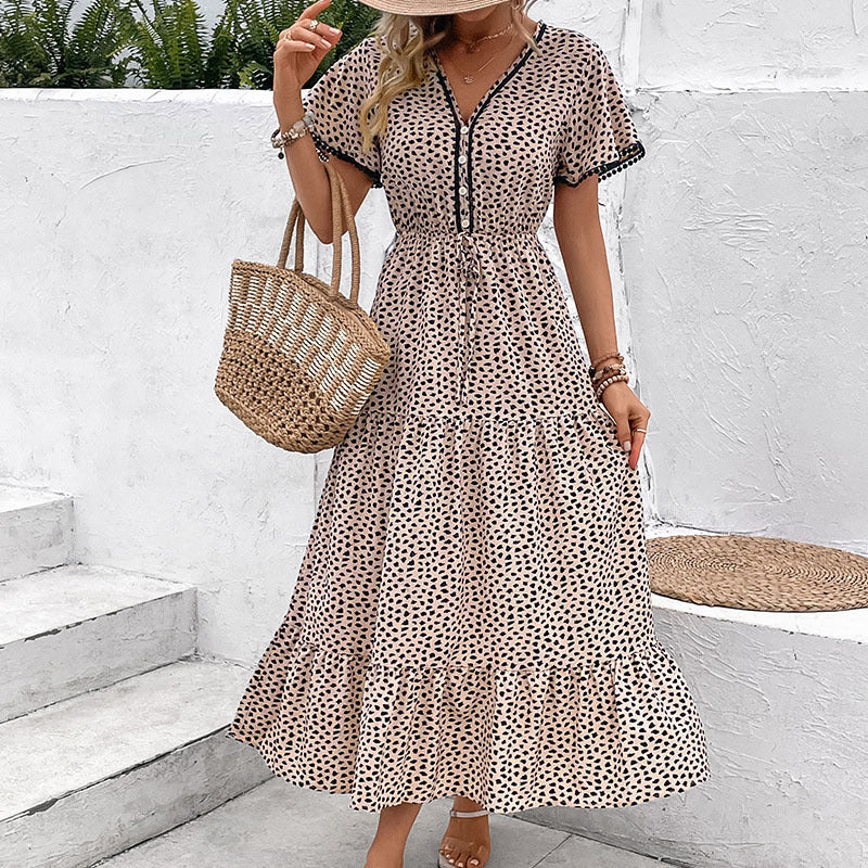 Beige & Black Animal Printed Tiered Fit & Flare Midi Dress