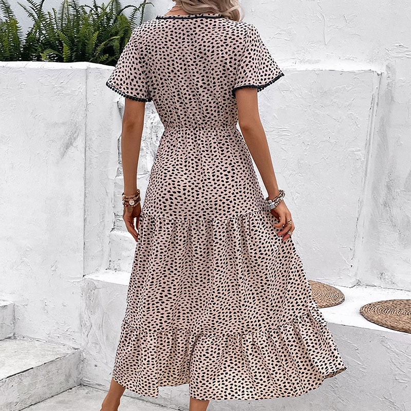 Beige & Black Animal Printed Tiered Fit & Flare Midi Dress