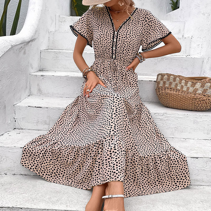 Beige & Black Animal Printed Tiered Fit & Flare Midi Dress