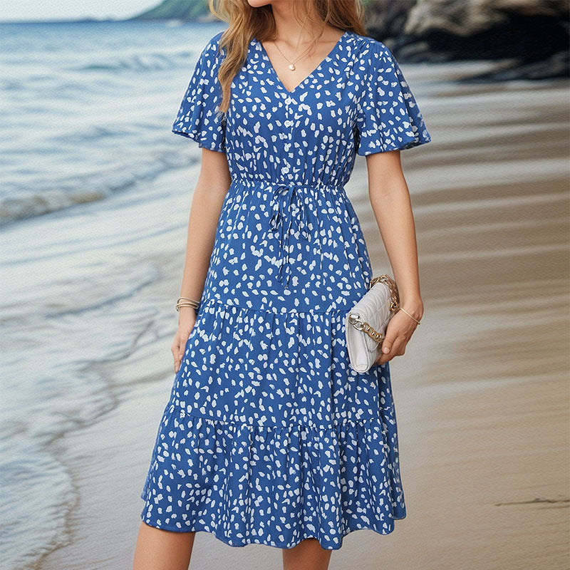 Blue Abstract Printed Layered Wrap Dress