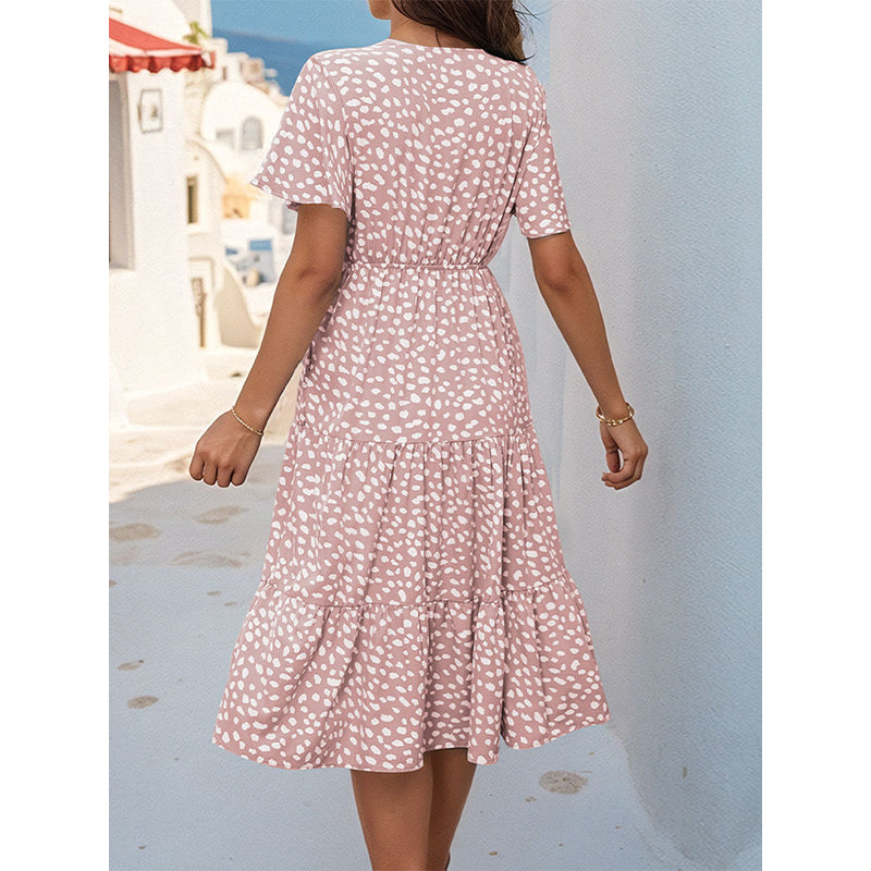 Pink V Neck Abstract Print Layered Midi Dress