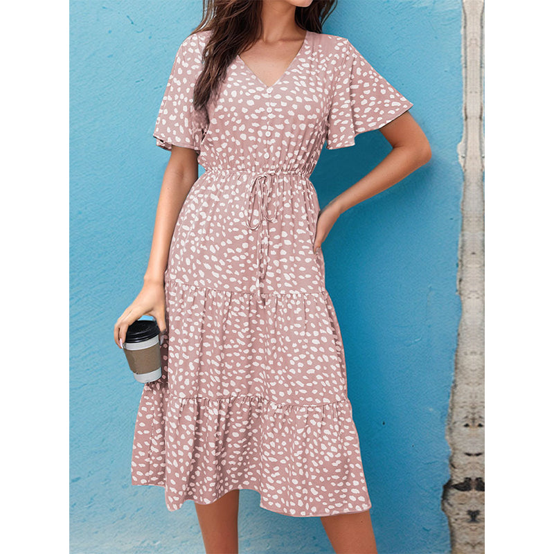 Pink V Neck Abstract Print Layered Midi Dress