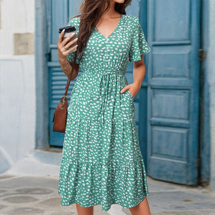 Green & White Floral Printed Flutter Sleeve Layered A-Line Midi Dress
