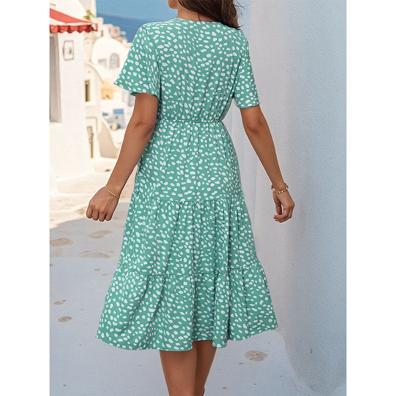 Green & White Floral Printed Flutter Sleeve Layered A-Line Midi Dress