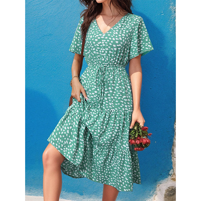 Green & White Floral Printed Flutter Sleeve Layered A-Line Midi Dress