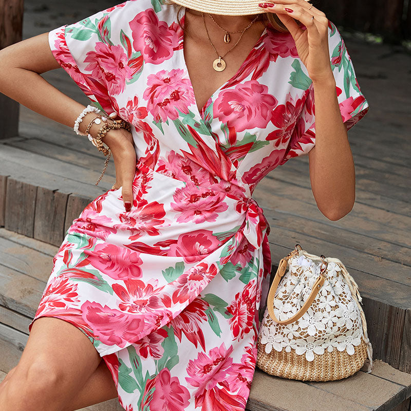 Pink Floral Printed V-Neck Wrap Mini Dress