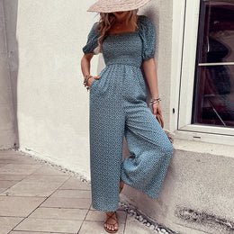 Blue & White Floral Printed Square Neck Basic Jumpsuit