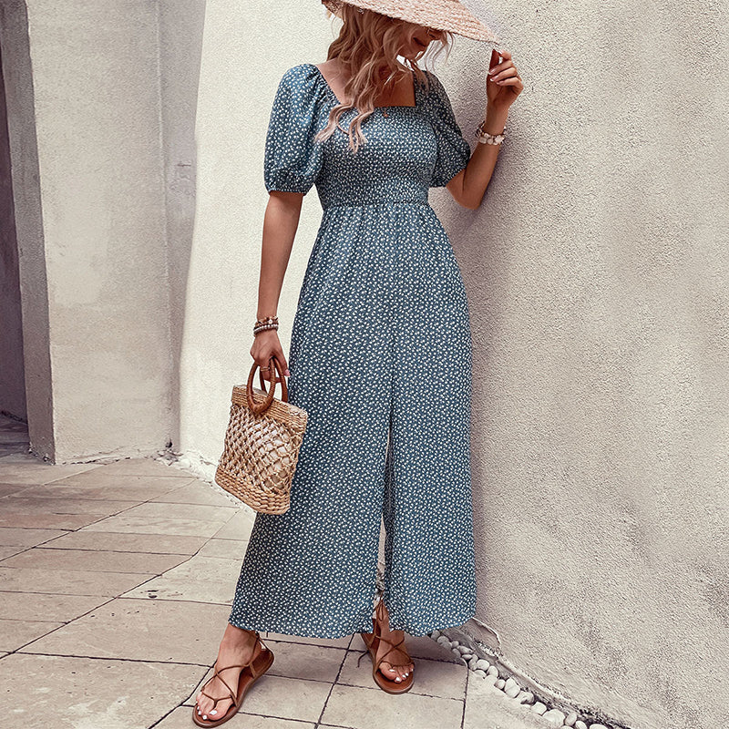 Blue & White Floral Printed Square Neck Basic Jumpsuit