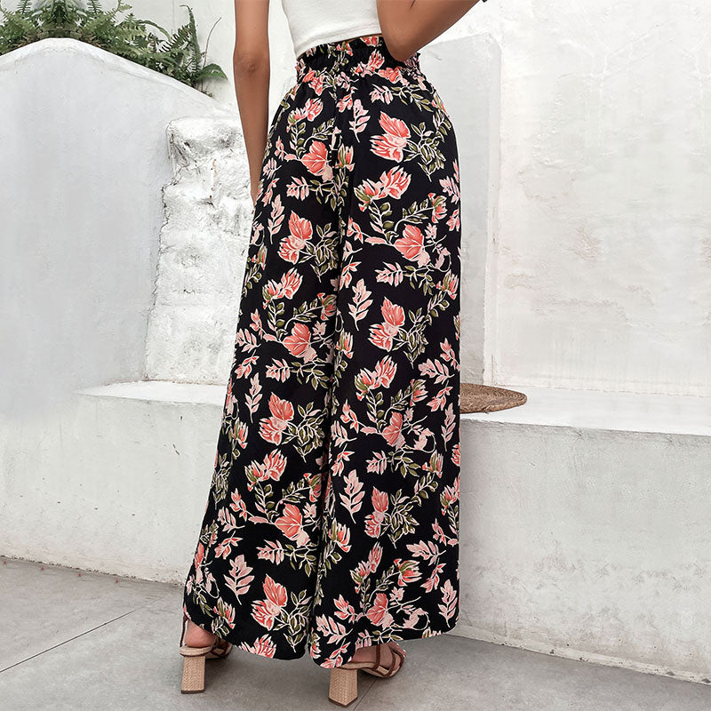 Women Black & Peach Floral Printed Loose Fit Easy Wash Parallel Trousers