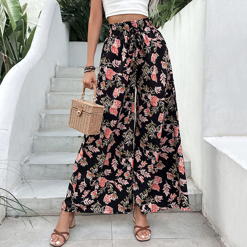 Women Black & Peach Floral Printed Loose Fit Easy Wash Parallel Trousers
