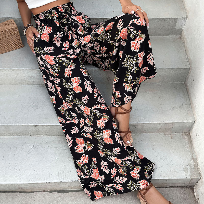 Women Black & Peach Floral Printed Loose Fit Easy Wash Parallel Trousers