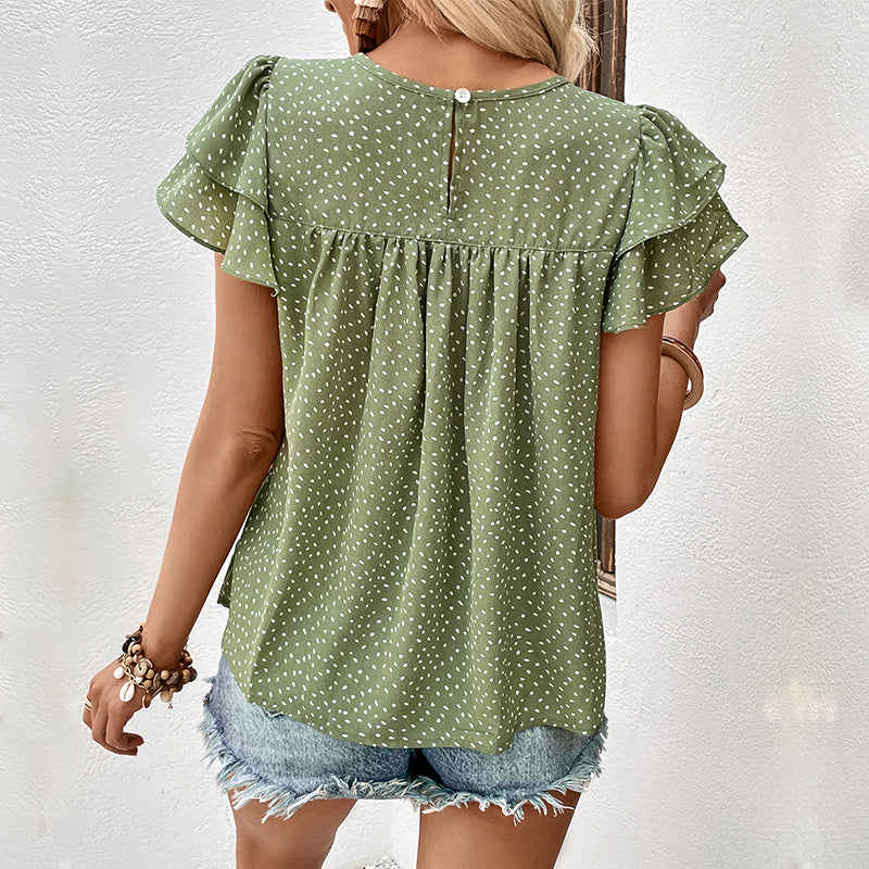 Green Abstract Print Flared Sleeves Top
