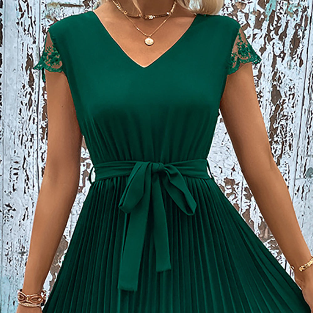 Women V-Neck Pleated A-Line Dress With Belt
