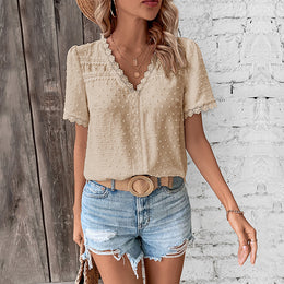 Beige Casual V-Neck Lace Detail Top