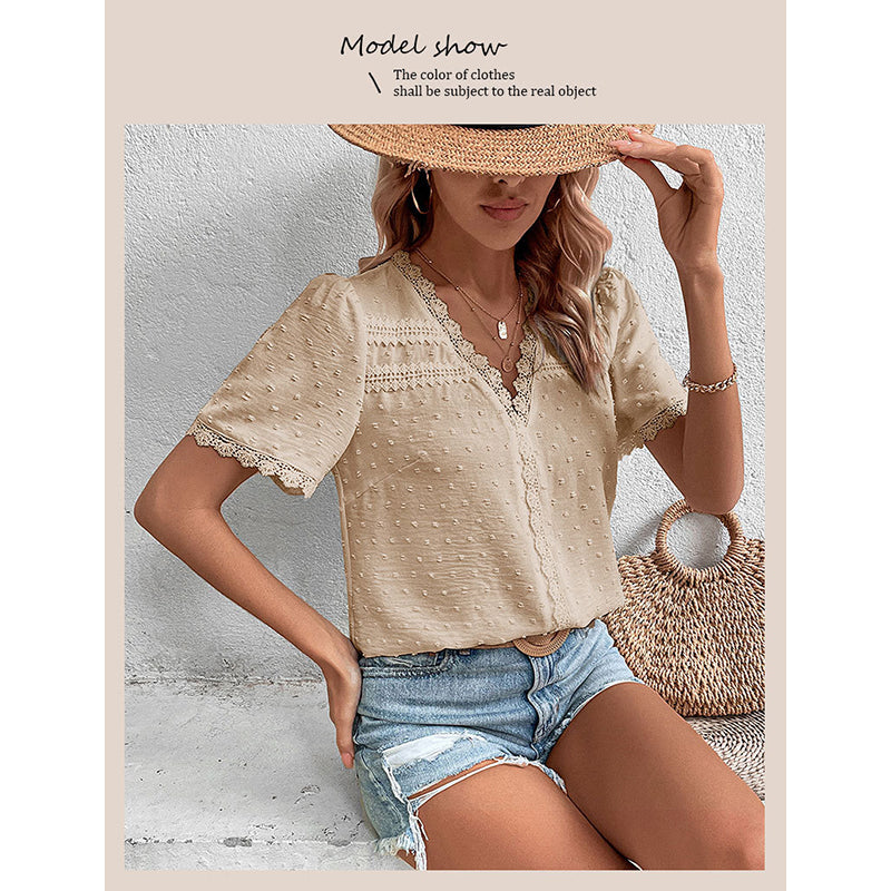 Beige Casual V-Neck Lace Detail Top
