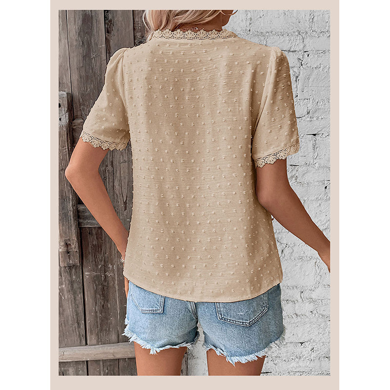 Beige Casual V-Neck Lace Detail Top