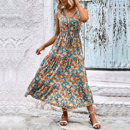 Blue Floral Print Layered Maxi Dress