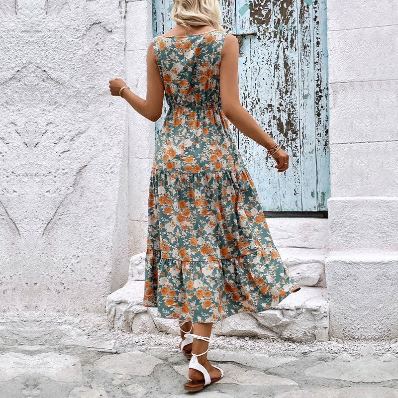 Blue Floral Print Layered Maxi Dress