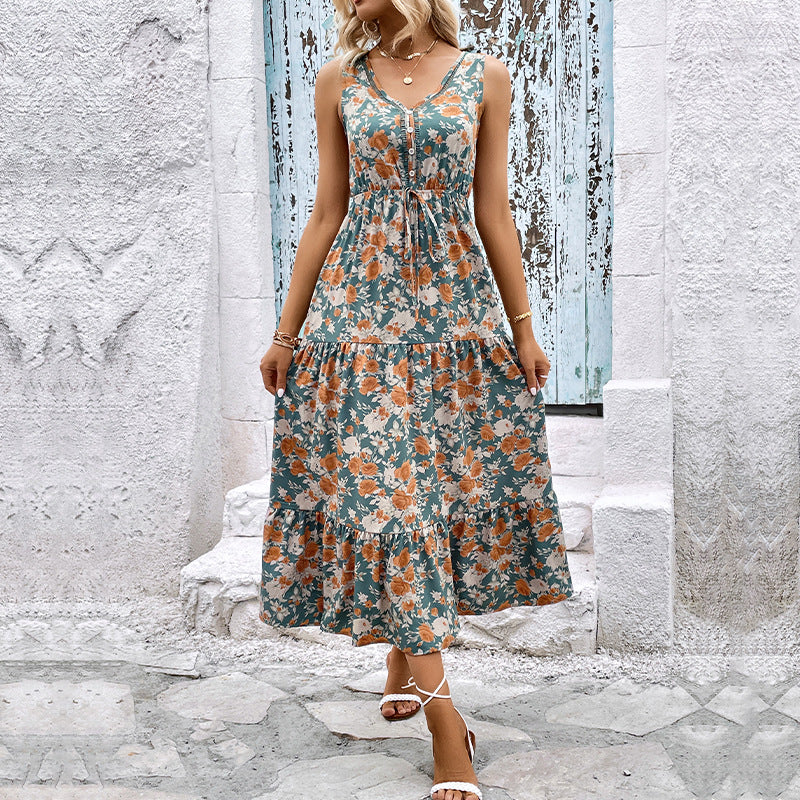 Blue Floral Print Layered Maxi Dress