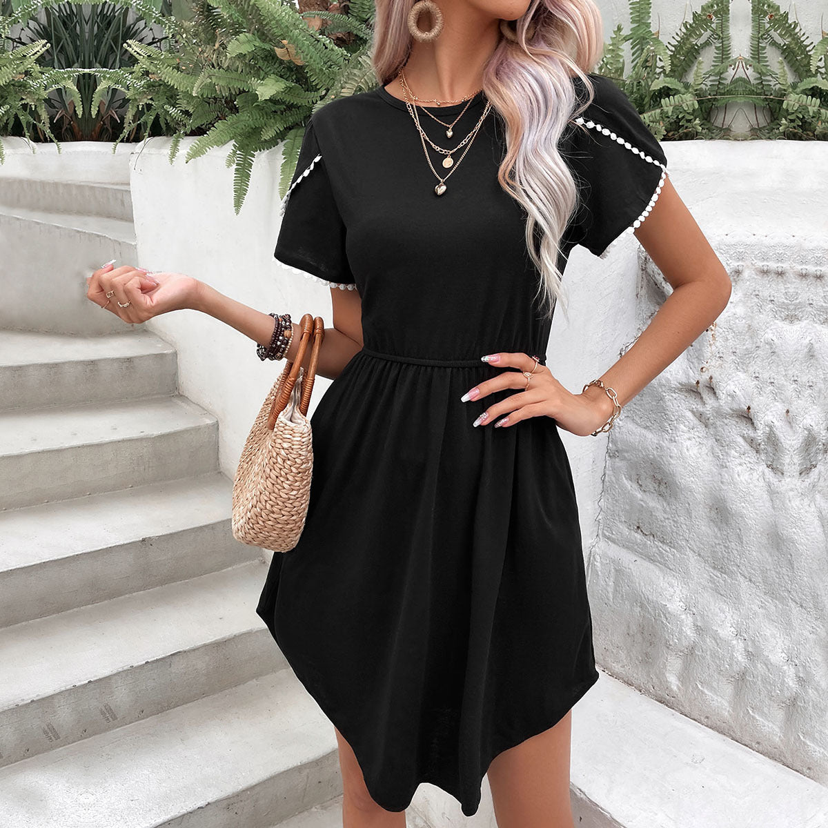 Round Neck Short Flared Sleeves A-Line Dress