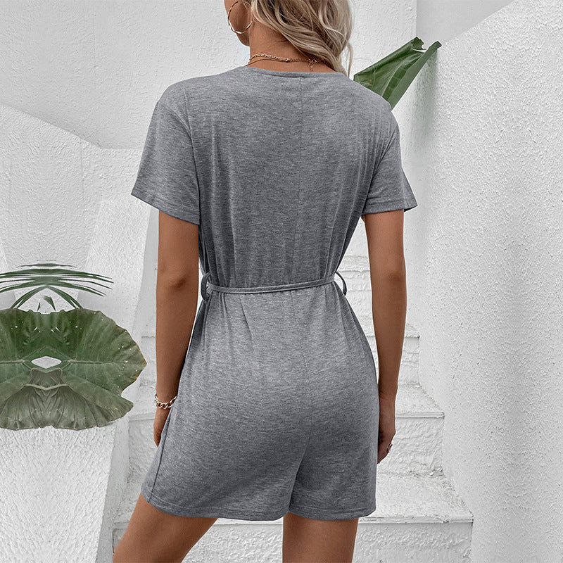 Grey V-Neck Waist Tie-Up Playsuit