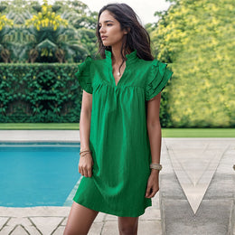 Green Mandarin Collar A-Line Dress