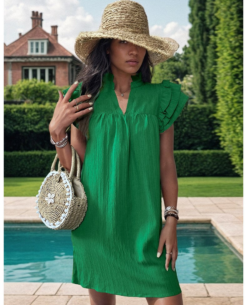 Green Mandarin Collar A-Line Dress