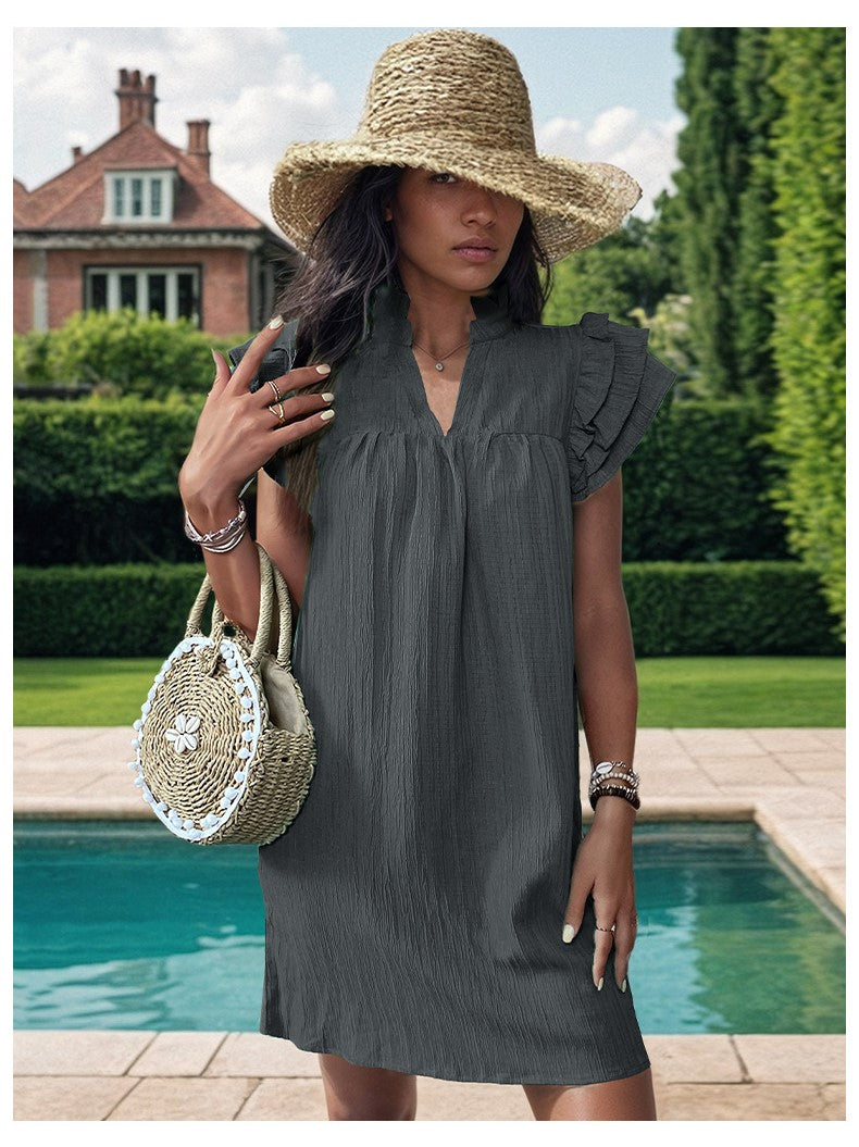 Grey Mandarin Collar Flutter Sleeves Gathered A-Line Dress