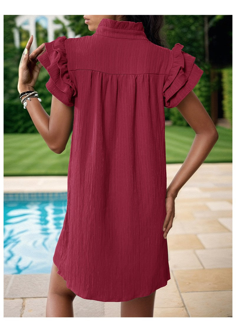 Maroon Mandarin Collar Flared Sleeves A-Line Dress