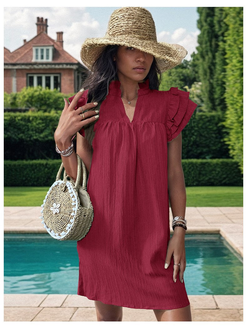 Maroon Mandarin Collar Flared Sleeves A-Line Dress