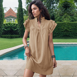 Khaki Self Design Mandarin Collar A-Line Dress