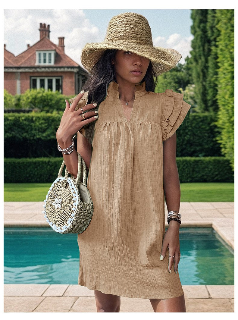 Khaki Self Design Mandarin Collar A-Line Dress