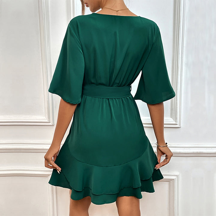 V-Neck Bell Sleeves Tie-Ups Wrap Dress