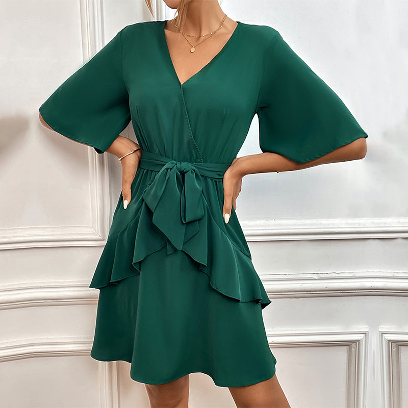 V-Neck Bell Sleeves Tie-Ups Wrap Dress