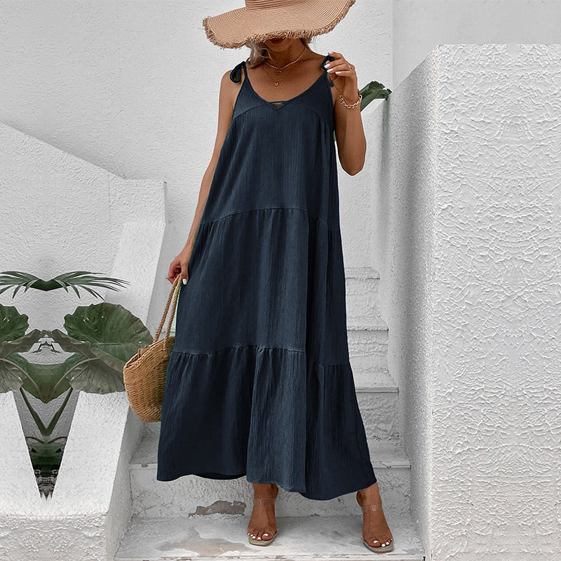 Navy Blue Shoulder Straps Maxi Dress