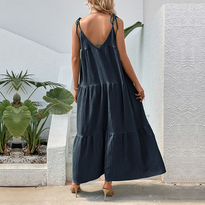 Navy Blue Shoulder Straps Maxi Dress
