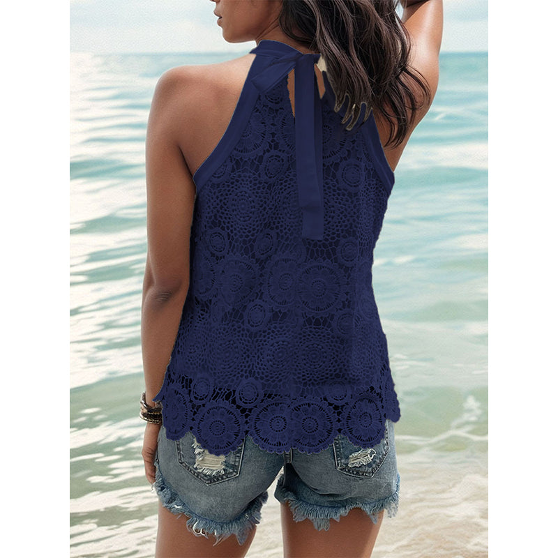 Blue Halter Neck Sleeveless Lace Top