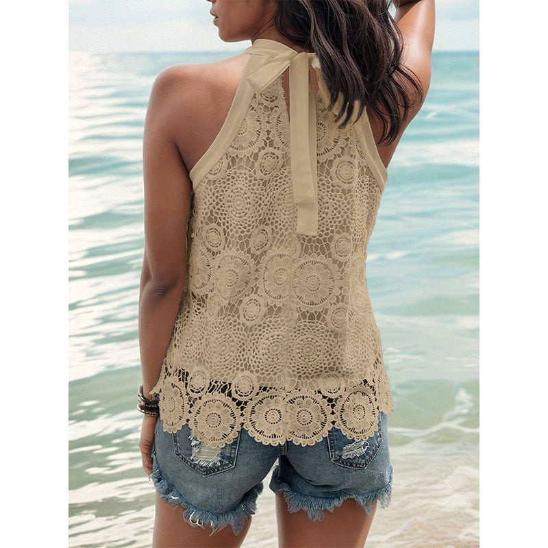 Self Design Lace Halter Neck Sleeveless Semi Sheer Casual Top