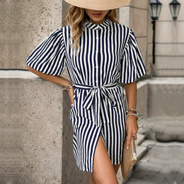 Navy Blue & White Striped Mini Shirt Dress