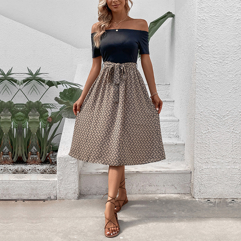 Black & Beige Print Off-Shoulder Fit & Flare Midi Dress