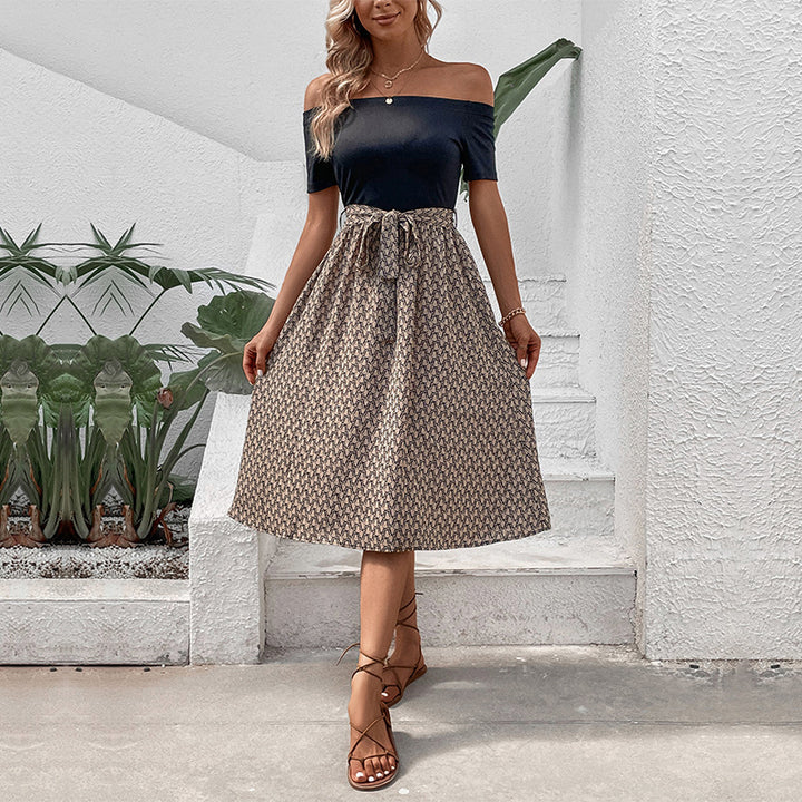 Black & Beige Print Off-Shoulder Fit & Flare Midi Dress
