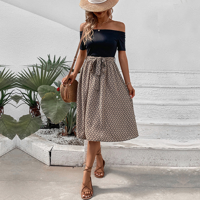 Black & Beige Print Off-Shoulder Fit & Flare Midi Dress