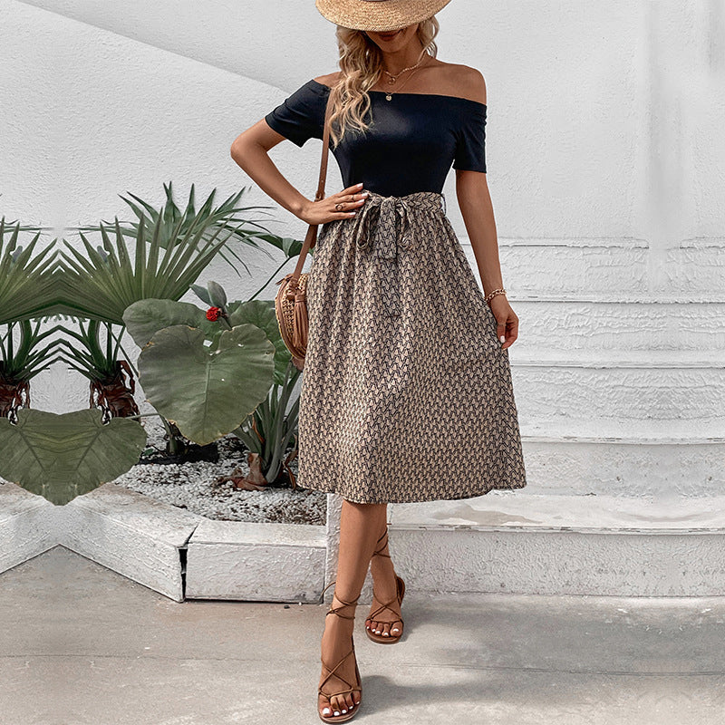 Black & Beige Print Off-Shoulder Fit & Flare Midi Dress