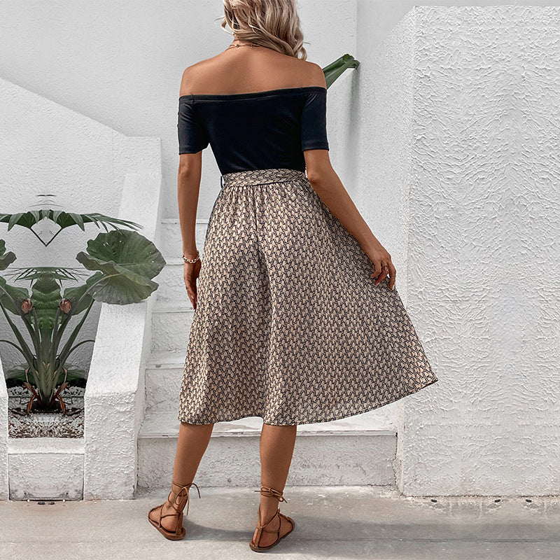 Black & Beige Print Off-Shoulder Fit & Flare Midi Dress