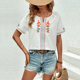 White Floral Embroidered Raglan Sleeves Top