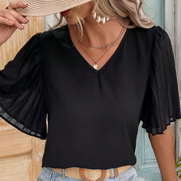 Black V Neck Flared Sleeve Georgette Top